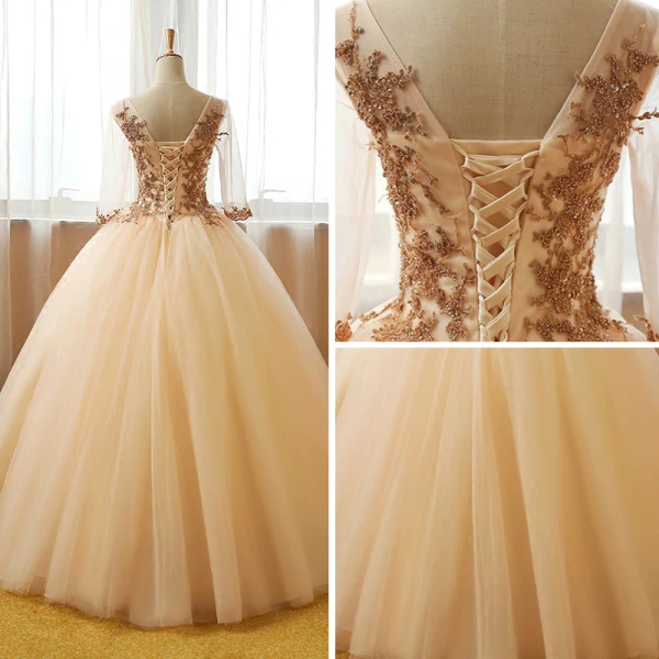 Chic / Beautiful Champagne Prom Dresses 2017 Ball Gown V-Neck 3/4 Sleeve Sequins Beading Floor-Length / Long Ruffle Backless Formal Dresses