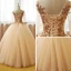 Chic / Beautiful Champagne Prom Dresses 2017 Ball Gown V-Neck 3/4 Sleeve Sequins Beading Floor-Length / Long Ruffle Backless Formal Dresses