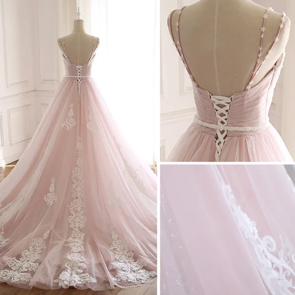 Modern / Fashion Blushing Pink Summer Beach Wedding Dresses 2018 A-Line / Princess Spaghetti Straps Sleeveless Backless Appliques Lace Beading Crystal Sash Ruffle Chapel Train