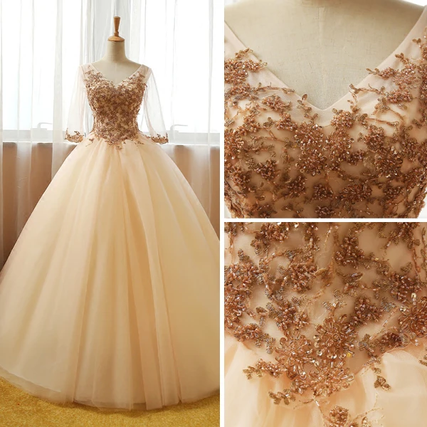 Chic / Beautiful Champagne Prom Dresses 2017 Ball Gown V-Neck 3/4 Sleeve Sequins Beading Floor-Length / Long Ruffle Backless Formal Dresses