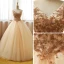 Chic / Beautiful Champagne Prom Dresses 2017 Ball Gown V-Neck 3/4 Sleeve Sequins Beading Floor-Length / Long Ruffle Backless Formal Dresses
