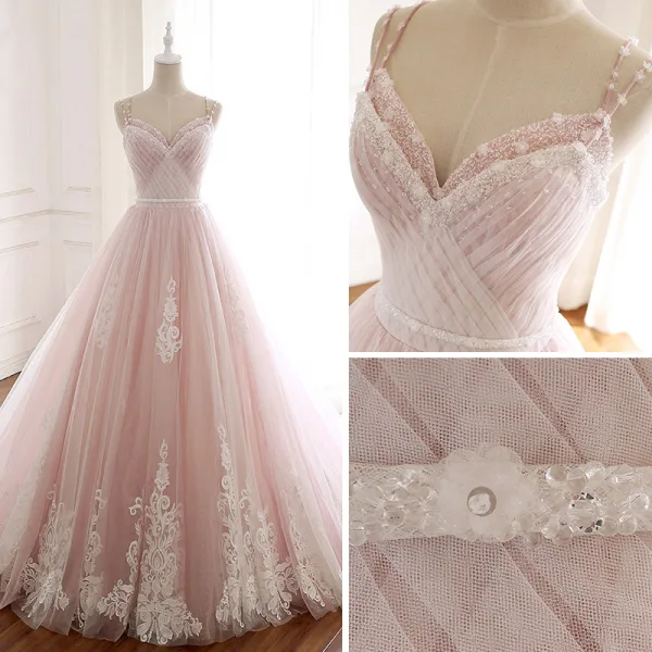 Modern / Fashion Blushing Pink Summer Beach Wedding Dresses 2018 A-Line / Princess Spaghetti Straps Sleeveless Backless Appliques Lace Beading Crystal Sash Ruffle Chapel Train