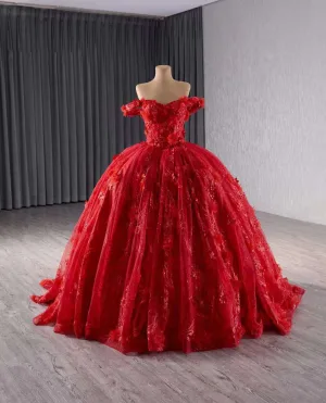 Slående Rød Brudekjoler 2024 Kryssede Stropper 3d Lace Blomst Tyll Av Skulderen Uten Ermer Lange Bryllups Ballkjole