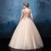 Vintage Champagne Prom Dresses 2017 Ball Gown High Neck Short Sleeve Sequins Beading Floor-Length / Long Ruffle Backless Formal Dresses