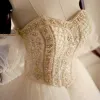 Luxury / Gorgeous Gold Wedding Dresses 2018 A-Line / Princess Off-The-Shoulder Sweetheart Short Sleeve Backless Pearl Beading Floor-Length / Long Ruffle