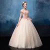 Vintage Champagne Prom Dresses 2017 Ball Gown High Neck Short Sleeve Sequins Beading Floor-Length / Long Ruffle Backless Formal Dresses