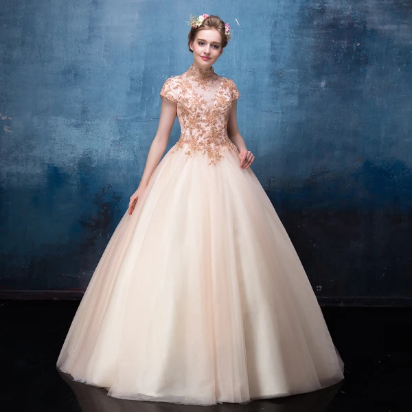Vintage Champagne Prom Dresses 2017 Ball Gown High Neck Short Sleeve Sequins Beading Floor-Length / Long Ruffle Backless Formal Dresses