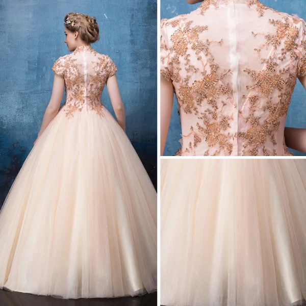 Vintage Champagne Prom Dresses 2017 Ball Gown High Neck Short Sleeve Sequins Beading Floor-Length / Long Ruffle Backless Formal Dresses