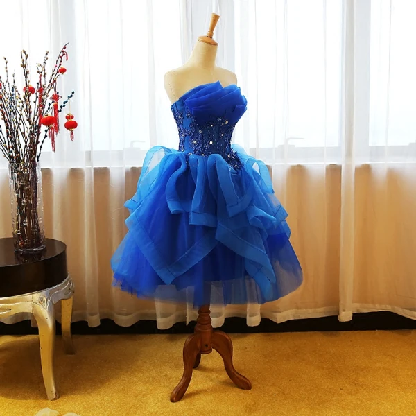 Schöne Königliches Blau Ballkleider 2017 Ballkleid Bandeau Ärmellos Applikationen Spitze Strass Pailletten Wadenlang Fallende Rüsche Rückenfreies Festliche Kleider