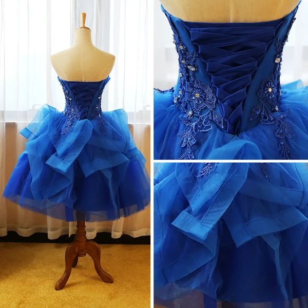 Schöne Königliches Blau Ballkleider 2017 Ballkleid Bandeau Ärmellos Applikationen Spitze Strass Pailletten Wadenlang Fallende Rüsche Rückenfreies Festliche Kleider