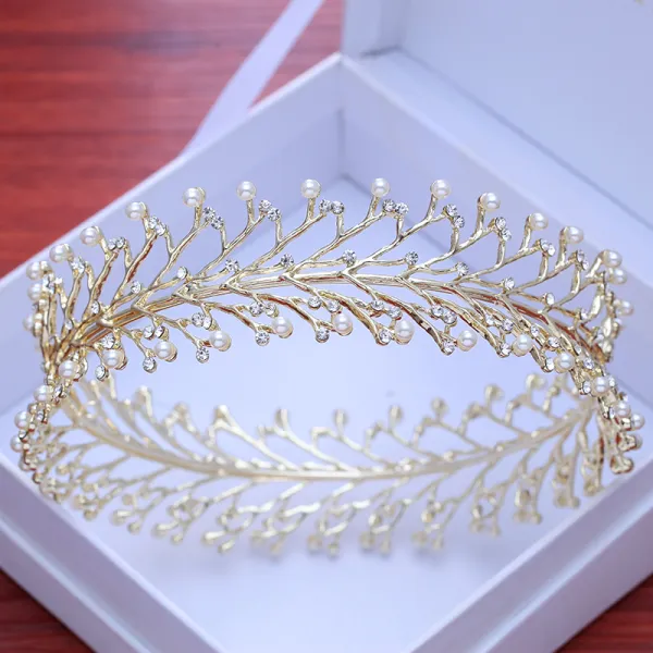 Modest / Simple Gold Tiara 2018 Metal Crystal Beading Rhinestone