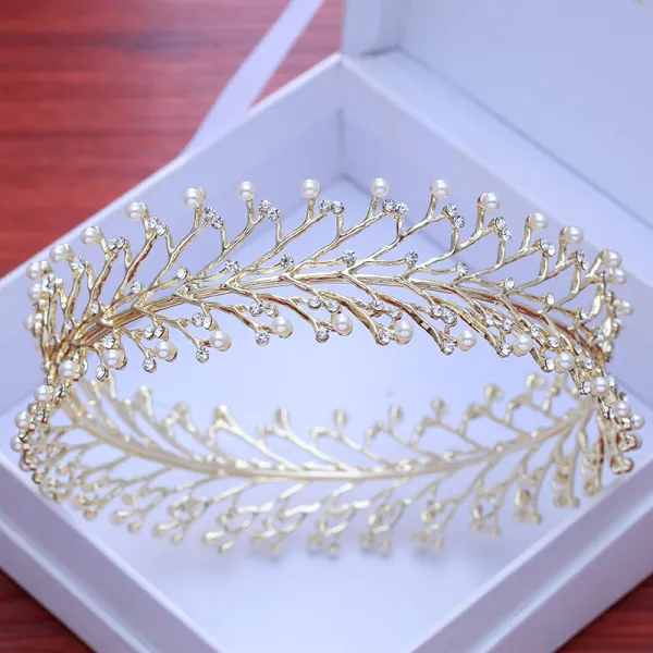 Modest / Simple Gold Pierced Tiara 2018 Metal Pearl Rhinestone Wedding Accessories