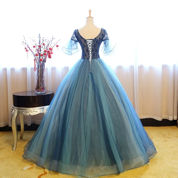 Chic / Beautiful Navy Blue Prom Dresses 2017 Ball Gown V-Neck 1/2 Sleeves Pearl Rhinestone Sequins Floor-Length / Long Ruffle Pierced Backless Formal Dresses