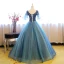 Chic / Beautiful Navy Blue Prom Dresses 2017 Ball Gown V-Neck 1/2 Sleeves Pearl Rhinestone Sequins Floor-Length / Long Ruffle Pierced Backless Formal Dresses