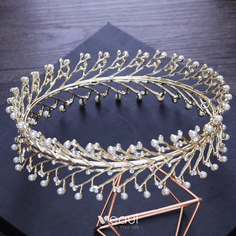 Modest / Simple Gold Tiara 2018 Metal Crystal Beading Rhinestone