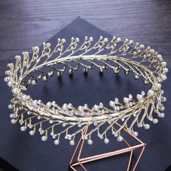 Modest / Simple Gold Pierced Tiara 2018 Metal Pearl Rhinestone Wedding Accessories