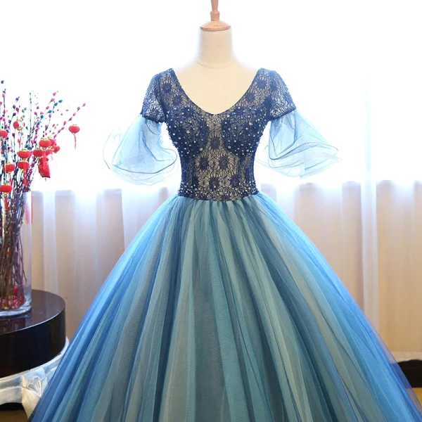 Chic / Beautiful Navy Blue Prom Dresses 2017 Ball Gown V-Neck 1/2 Sleeves Pearl Rhinestone Sequins Floor-Length / Long Ruffle Pierced Backless Formal Dresses
