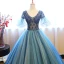 Chic / Beautiful Navy Blue Prom Dresses 2017 Ball Gown V-Neck 1/2 Sleeves Pearl Rhinestone Sequins Floor-Length / Long Ruffle Pierced Backless Formal Dresses