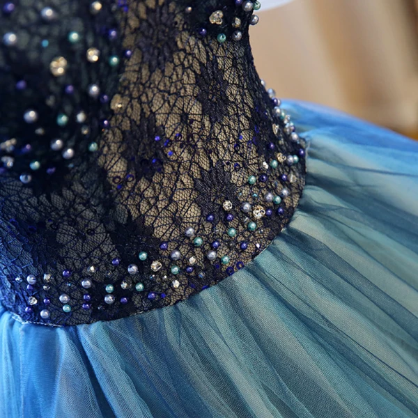 Chic / Beautiful Navy Blue Prom Dresses 2017 Ball Gown V-Neck 1/2 Sleeves Pearl Rhinestone Sequins Floor-Length / Long Ruffle Pierced Backless Formal Dresses