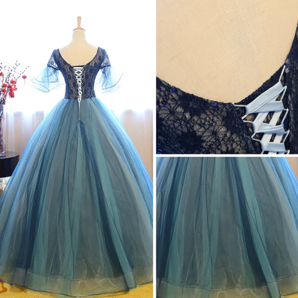 Chic / Beautiful Navy Blue Prom Dresses 2017 Ball Gown V-Neck 1/2 Sleeves Pearl Rhinestone Sequins Floor-Length / Long Ruffle Pierced Backless Formal Dresses