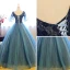 Chic / Beautiful Navy Blue Prom Dresses 2017 Ball Gown V-Neck 1/2 Sleeves Pearl Rhinestone Sequins Floor-Length / Long Ruffle Pierced Backless Formal Dresses