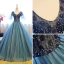 Chic / Beautiful Navy Blue Prom Dresses 2017 Ball Gown V-Neck 1/2 Sleeves Pearl Rhinestone Sequins Floor-Length / Long Ruffle Pierced Backless Formal Dresses