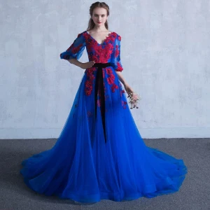 Mooie Prachtige Koninklijk Blauw Galajurken 2018 A Lijn V Hals 3 4 Mouwen Appliques Bloem Parel Gordel Chapel Train Ruche Ruglooze Gelegenheid Jurken