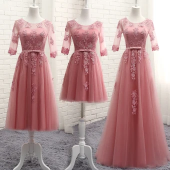 Chic Beautiful Candy Pink See Through Bridesmaid Dresses 2018 A Line Princess Scoop Neck 1 2 Sleeves Appliques Lace Bow Sash Ruffle Backless Wedding Party Dresses