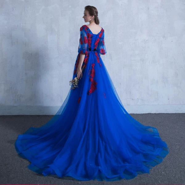 Chic / Beautiful Royal Blue Prom Dresses 2018 A-Line / Princess V-Neck 3/4 Sleeve Appliques Flower Pearl Sash Chapel Train Ruffle Backless Formal Dresses