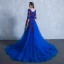 Chic / Beautiful Royal Blue Prom Dresses 2018 A-Line / Princess V-Neck 3/4 Sleeve Appliques Flower Pearl Sash Chapel Train Ruffle Backless Formal Dresses