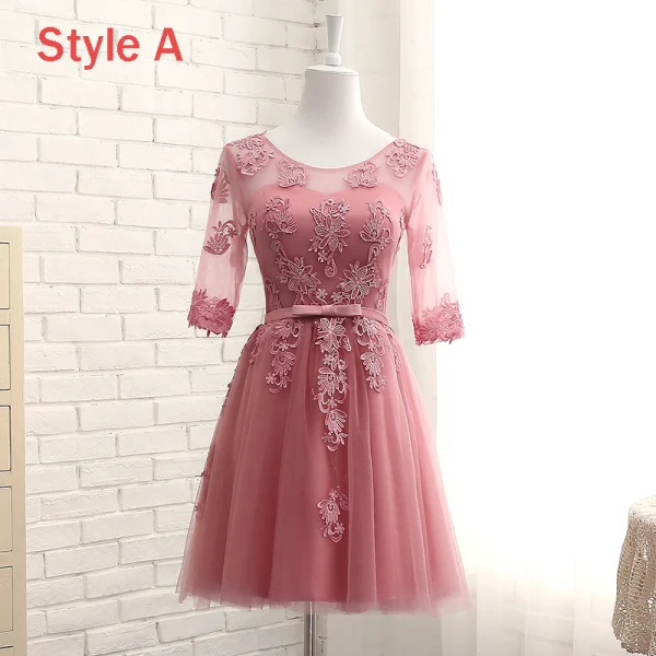 Chic / Belle Rose Bonbon Transparentes Robe Demoiselle D'honneur 2018 Princesse Encolure Dégagée 1/2 Manches Appliques En Dentelle Noeud Ceinture Volants Dos Nu Robe Pour Mariage