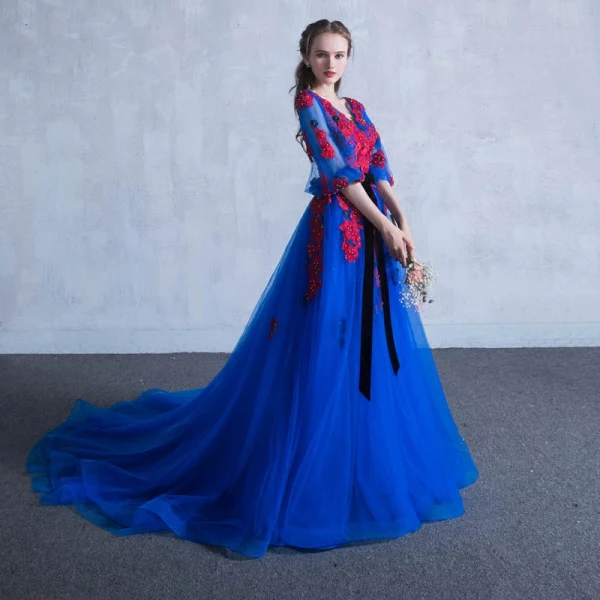 Chic / Beautiful Royal Blue Prom Dresses 2018 A-Line / Princess V-Neck 3/4 Sleeve Appliques Flower Pearl Sash Chapel Train Ruffle Backless Formal Dresses