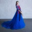 Chic / Beautiful Royal Blue Prom Dresses 2018 A-Line / Princess V-Neck 3/4 Sleeve Appliques Flower Pearl Sash Chapel Train Ruffle Backless Formal Dresses