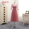 Chic / Beautiful Candy Pink See-through Bridesmaid Dresses 2018 A-Line / Princess Scoop Neck 1/2 Sleeves Appliques Lace Bow Sash Ruffle Backless Wedding Party Dresses