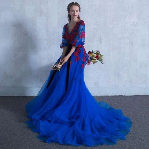 Chic / Beautiful Royal Blue Prom Dresses 2018 A-Line / Princess V-Neck 3/4 Sleeve Appliques Flower Pearl Sash Chapel Train Ruffle Backless Formal Dresses