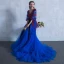Chic / Beautiful Royal Blue Prom Dresses 2018 A-Line / Princess V-Neck 3/4 Sleeve Appliques Flower Pearl Sash Chapel Train Ruffle Backless Formal Dresses