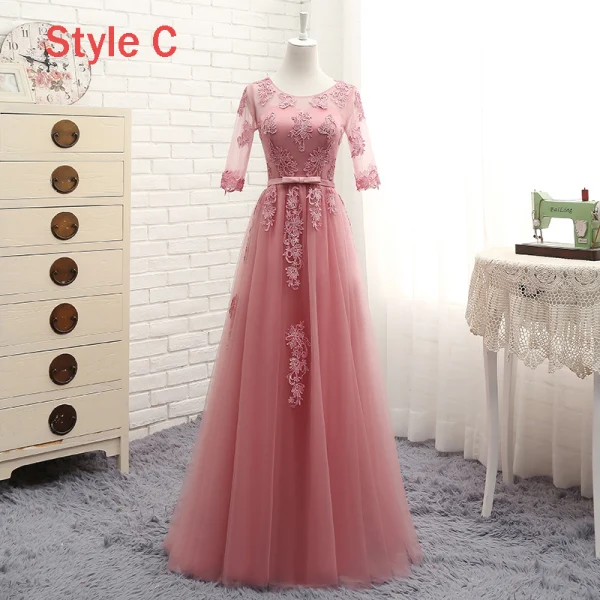 Chic / Belle Rose Bonbon Transparentes Robe Demoiselle D'honneur 2018 Princesse Encolure Dégagée 1/2 Manches Appliques En Dentelle Noeud Ceinture Volants Dos Nu Robe Pour Mariage