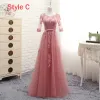 Chic / Beautiful Candy Pink See-through Bridesmaid Dresses 2018 A-Line / Princess Scoop Neck 1/2 Sleeves Appliques Lace Bow Sash Ruffle Backless Wedding Party Dresses