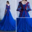 Chic / Beautiful Royal Blue Prom Dresses 2018 A-Line / Princess V-Neck 3/4 Sleeve Appliques Flower Pearl Sash Chapel Train Ruffle Backless Formal Dresses