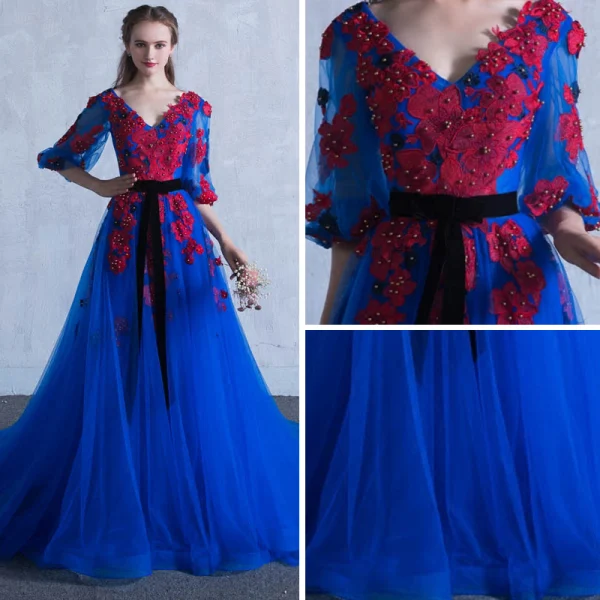 Chic / Beautiful Royal Blue Prom Dresses 2018 A-Line / Princess V-Neck 3/4 Sleeve Appliques Flower Pearl Sash Chapel Train Ruffle Backless Formal Dresses