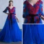 Chic / Beautiful Royal Blue Prom Dresses 2018 A-Line / Princess V-Neck 3/4 Sleeve Appliques Flower Pearl Sash Chapel Train Ruffle Backless Formal Dresses
