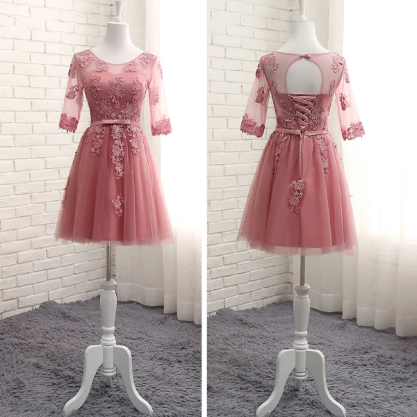Chic / Belle Rose Bonbon Transparentes Robe Demoiselle D'honneur 2018 Princesse Encolure Dégagée 1/2 Manches Appliques En Dentelle Noeud Ceinture Volants Dos Nu Robe Pour Mariage