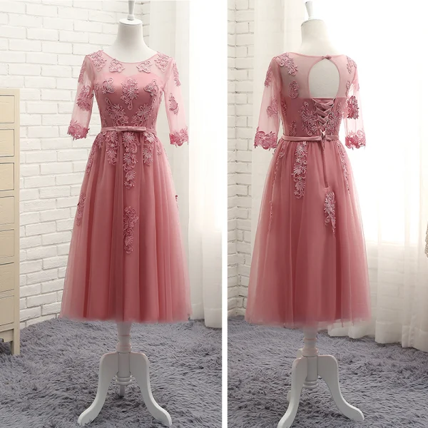 Chic / Belle Rose Bonbon Transparentes Robe Demoiselle D'honneur 2018 Princesse Encolure Dégagée 1/2 Manches Appliques En Dentelle Noeud Ceinture Volants Dos Nu Robe Pour Mariage