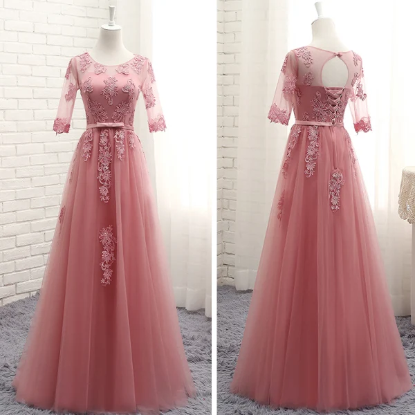Chic / Belle Rose Bonbon Transparentes Robe Demoiselle D'honneur 2018 Princesse Encolure Dégagée 1/2 Manches Appliques En Dentelle Noeud Ceinture Volants Dos Nu Robe Pour Mariage