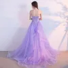 Chic / Beautiful Lilac Evening Dresses  2017 A-Line / Princess Sweetheart Sleeveless Appliques Lace Rhinestone Cascading Ruffles Sweep Train Backless Formal Dresses