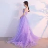 Chic / Beautiful Lilac Evening Dresses  2017 A-Line / Princess Sweetheart Sleeveless Appliques Lace Rhinestone Cascading Ruffles Sweep Train Backless Formal Dresses