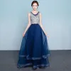 Chic / Beautiful Navy Blue Evening Dresses  2017 A-Line / Princess Scoop Neck Sleeveless Glitter Rhinestone Pearl Bow Sash Floor-Length / Long Ruffle Backless Formal Dresses