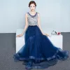 Chic / Beautiful Navy Blue Evening Dresses  2017 A-Line / Princess Scoop Neck Sleeveless Glitter Rhinestone Pearl Bow Sash Floor-Length / Long Ruffle Backless Formal Dresses