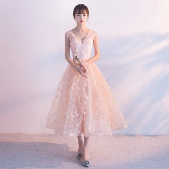 Chic Belle Perle Rose De Retour Robe De Graduation 2017 Princesse V Cou Sans Manches Appliques Fleur Ceinture Longueur Cheville Volants Dos Nu Robe De Ceremonie