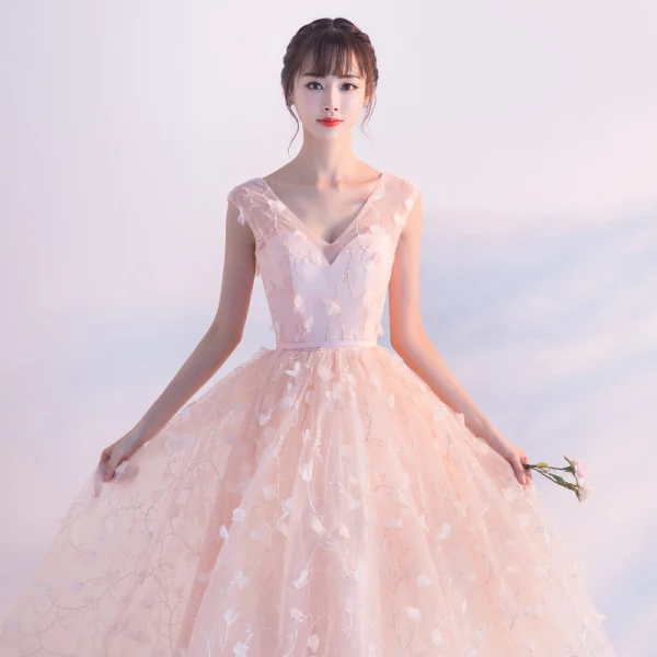 Chic / Beautiful Pearl Pink Homecoming Graduation Dresses 2017 A-Line / Princess V-Neck Sleeveless Appliques Flower Sash Ankle Length Ruffle Backless Formal Dresses